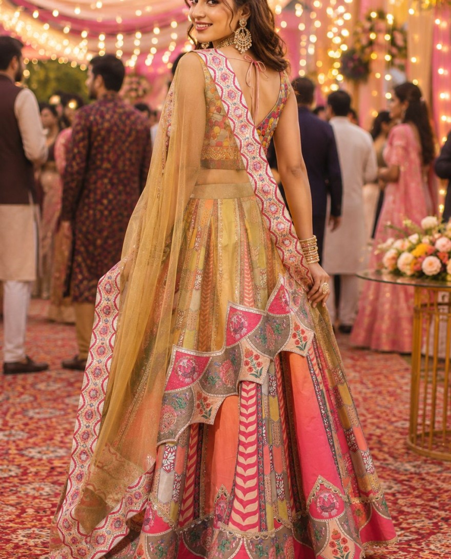 1213 - Multi Colour Tissue Embroidered Work Readymade Lehenga Choli for Engagement